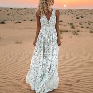 Boho V neck tassel polka dot maxi dress white